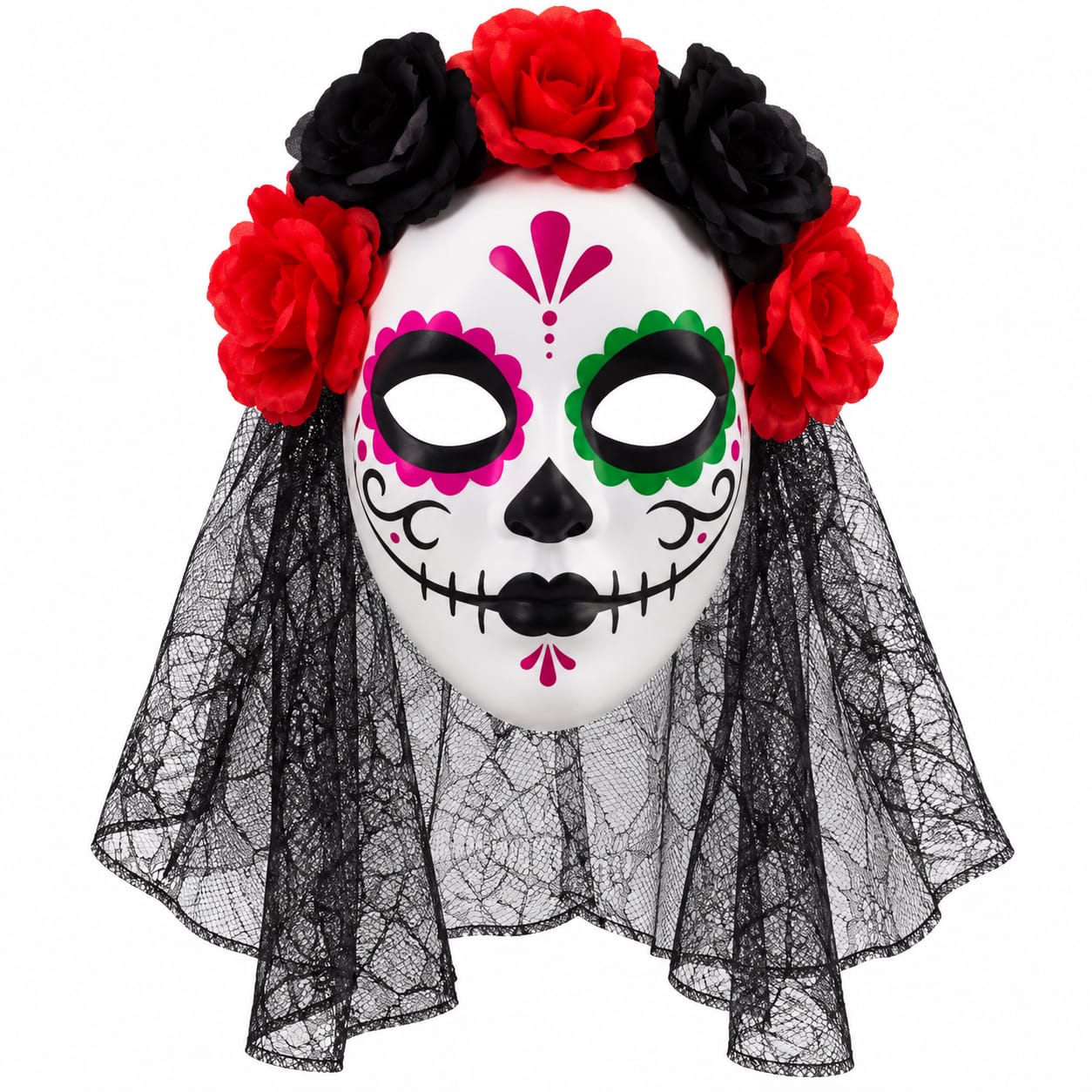 Máscara de catrina con flores y velo