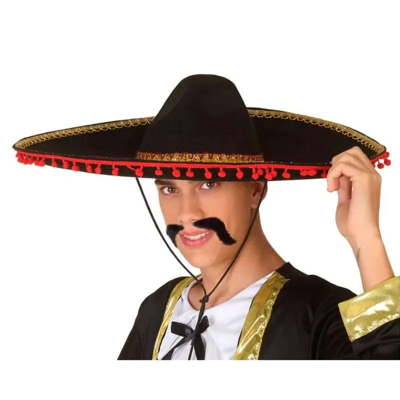 Sombrero charro negro con borlas rojas