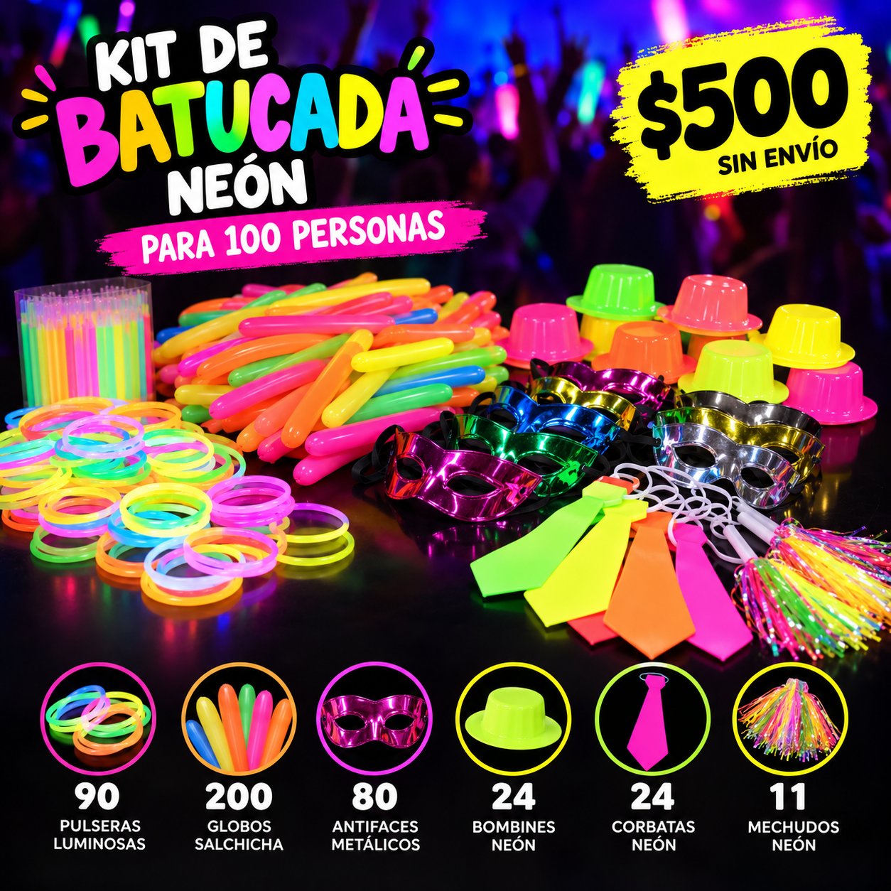 Kit de batucada neón ampliado para 100 personas